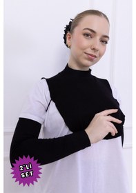 Resim Loggia Boyunluk Ve Kolluk Seti Siyah - Balıkçı Yakalı Kadın Tesettür Penye Yarım Body Namaz Kolluğu Hijab Siyah 