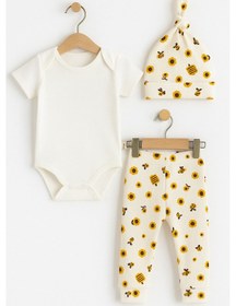 Resim Babyden's Arı Desenli Bebek Takımı Pamuklu Kısa Kol Body Pantolon Ve Şapka Seti Yenidoğan Kız Erkek Bebek Alt Üst Takım Ekru 