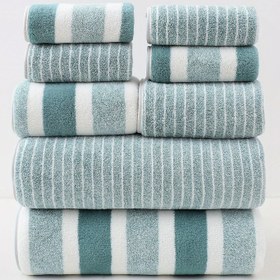 Resim 8 adet Çizgili Desenli Banyo Havlusu Seti, Süper Yumuşak, Yüksek Emici, Hafif, Hızlı Kuruyan, 2 Banyo Havlusu, 4 El Havlusu, 2 Yüz Havlusu (Koyu Yeşil Yıldızlı Gökyüzü Geniş Çizgiler -8 adet), Yıkama Bezi 
