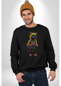 Resim Spor Eşofman Takımı Sarı Kedi İnsan Unisex Siyah Baskılı Sweatshirt Siyah 