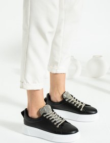 Resim Ebru Ecru Ayakkabı Kadın Taşlı Siyah Sneaker Yüksek Taban Bağcıklı(REST) Taş Detaylı Spor Ayakkabı 
