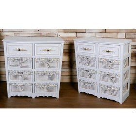 Resim Ahşap 8 Çekmeceli Hasır Görünümlü Sebzelik Beyaz 