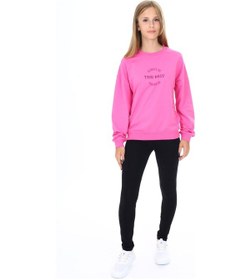 Resim Toontoy Kids Toontoy Kız Çocuk 2'li Takım Baskılı Bisiklet Yaka Düşük Omuz Sweatshirt & Basic Düz Tayt Fuşya 
