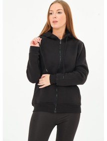 Resim Kadın Kanguru Cepli Kapüşonlu Sweatshirt İçi Polar Kalın Hırka Siyah 