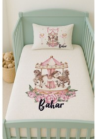 Resim %100 Pamuk İsme Özel İsimli 100x150 Cm Pike Seti Pembe Atlıkarınca 