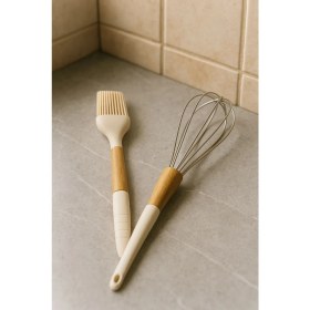 Resim 2'li Isıya Dayanıklı Yanmaz Yapışmaz Bambu Saplı Servislik Metal Çırpma Teli-Silikon Yumurta Fırçası 