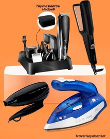 Resim GoldMaster Travel Seyahat Seti Taşıma Çantalı Erkek Bakım Seti Saç Düzleştirici Saç Kurutma Dikey Buharlı Ütü 