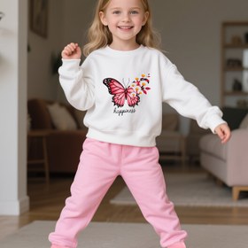 Resim Küçük kızlar için sonbahar ve kış mevsimine uygun, dış mekan giyimi için mükemmel iki parçalı kelebek baskılı kapüşonlu sweatshirt ve pantolon takımı 