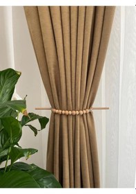 Resim Cilalı Boncuklu Ahşap Sopalı Perde Süsü - Fon Perde Tutucu, Perde Tokası 1 Adet Ahşap Rengi 