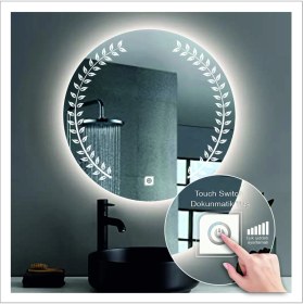 Resim Dnr-Mirror90 Cm Beyaz Ledli Tasarım Kumlamalı Dokunmatik Tuşlu Banyo Aynası Makyaj Aynası Işıklı Ayna 