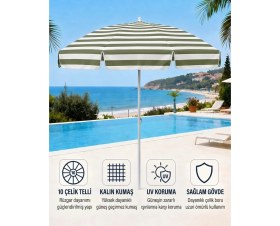 Resim Durul Plaj Şemsiyesi Balkon Bahçe Güneş Şemsiyesi 200CM 10 Telli Uv Korumalı - Yeşil Çizgili 
