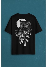 Resim Baykuş Dolunay Owl Sırt Ön Baskılı Oversize Tişört Unisex T-shirt 001 