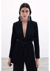 Resim Sateen Kare Desenli Kuşaklı Ceket - Siyah-135788 Siyah 