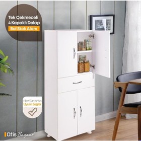 Resim Çok Amaçlı Dolap & 4 Kapaklı Tek Çekmeceli Beyaz 