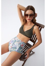 Resim Akbeniz Kadın Haki Pedli Üst Ve Yüksek Bel Çiçek Desenli Bikini Takımı 
