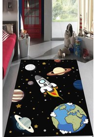 Resim Dijital Baskılı Siyah Gezegen Desenli Dekoratif Yıkanabilir Kaymaz Taban Çocuk Halısı Çok Renkli 