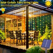 Resim Tek adet, 100/200/300 LED Güneş Enerjili Dış Mekan Perde Işıkları, 8 Aydınlatma Modlu Bakır Tel Peri Işıkları, Noel Süs Işıkları, Düğün Partisi, Balkon, Patio, Bahçe Dekorasyonu için Mükemmel (Çok Renkli/Sıcak Beyaz/Beyaz) 