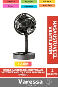 Resim VARESSA Özel Sessiz 3 Kademe Hafif Kablosuz 1200mAh Pervaneli Taşınabilir Usb Şarjlı Masa El Fanı Vantilatör 