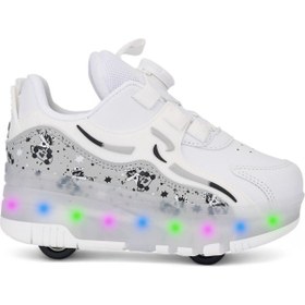 Resim Tekiner Işıklı Paten Tekerlekli Ayakkabı | LED Işıklı, Kaykaylı, Spor Çocuk Sneaker Patenli 