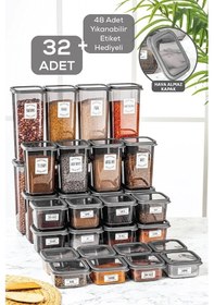 Resim Meleni Home 32'li Etiketli Kapaklı Kare Erzak Saklama Kabı Seti 8x 0,3 Lt-0,5 Lt-1,1 Lt-1,7 Lt Baharatlık 