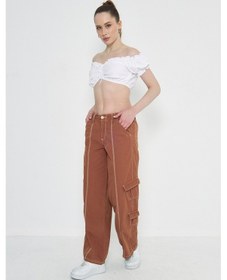 Resim Kutaf Camel Kargo Cepli Dikiş Detaylı Yüksek Bel Wide Leg Pantolon Açık Kahverengi 