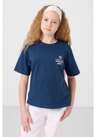 Resim Parlament Pamuklu O Yaka Oversize Fit Baskılı Kız Çocuk T-shirt - 75178 Lacivert 