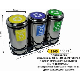 Resim Arı Metal Geri Dönüşüm Kovası Döner Kapaklı 3 Lü Paslanmaz 135 Litre 