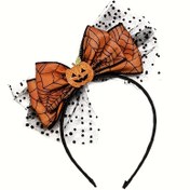 Resim 1 Adet Balkabağı Desenli Halloween Bandı - Sevimli Karikatür Tarzı Turuncu & Siyah Puantiyeli Saç Aksesuarı, Kadınlar İçin, Halloween Partisi Kostümü, Sonbahar Festivali, Tüysüz ve Kolay Giyilebilir 
