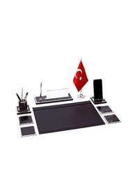 Resim Star Bayraklı Mermer Desenli Ahşap Sümen Takımı Deri Sümen Seti Masa İsimliği - Gümüş 