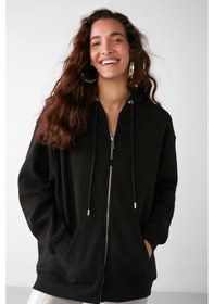 Resim Grimelange Alena Kadın Basic Kanguru Cepli Oversize Organik Pamuk Fermuarlı Kapüşonlu Siyah Sweatshirt 