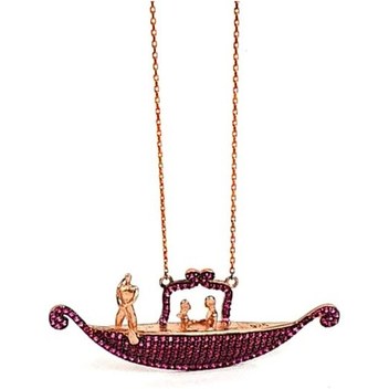 Pembe Zirkon Taşlı Tasarım Aşk Gondolu Gümüş Rose Kolye