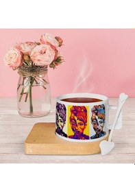 Resim Audrey Hepburn Graffiti Ahşap Tepsi Ve Kaşıklı Lüks Fincan Set - Lf855 07 Beyaz 
