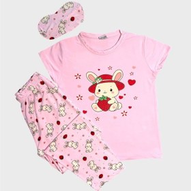 Resim Aliş Kids Anne-kız Çocuk Pamuklu Pembe Tavşan Desenli Kısa Kollu Bisiklet Yaka Yazlık Pijama Takımı 