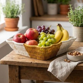 Resim Krm Kare Dalgalı Çift Renkli Plastik Rattan Ekmek ve Meyve Sepeti - Çok Amaçlı Banyo ve Mutfak 