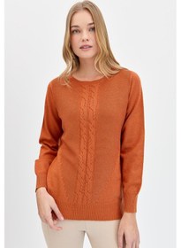 Resim Kadın Sıfır Yaka Önü Saç Örgülü Kazak Turuncu Turuncu 