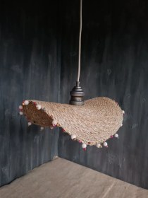 Resim Hasır Avize - Metal Şapkalı, Boncuklu - El Yapımı Tasarım - Dekoratif Aydınlatma Hasır 