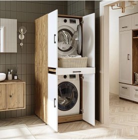 Resim RoomArt Banyo Dolabı Kapaklı Çamaşır Ve Kurutma Makinesi Dolabı 70x185 cm Atlantik Çam - Mat Beyaz 