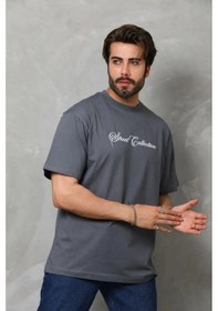 Resim Erkek Baskılı T-shirt Kısa Kol Bisiklet Yaka Regular Fit Tişört - Füme Füme 