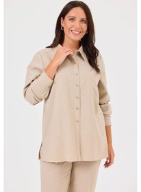 Resim Galaxi Kadın Büyük Beden Çizgili Gömlek 4007 Bej 