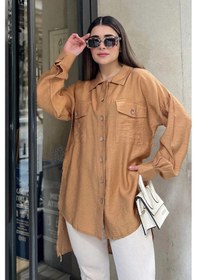 Resim WeShaya Kadın Taba Balon Kol, Pileli, Yırtmaçlı, Oversize, Keten Tunik Gömlek Bej 