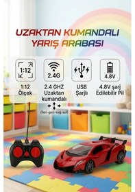 Resim Uzaktan Kumandalı 1:12 Ölçekli 4 Fonksiyon Işıklı Usb Şarjlı 10-15km/h 2.4ghz Oyuncak Spor Araba Kırmızı 