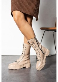 Resim Shoetek Esmerelda Kadın Bot&bootie Bağcıklı Kırışık Bej Deri Bej Cilt Bej 