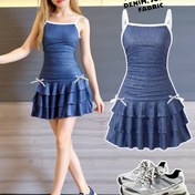 Resim İmitasyon Denim "Kızlar İçin Trend Tek Parça, İmitasyon Denim Baskılı Crop Top ve Etek, Rahat & Konforlu, Makinede Yıkanabilir Dijital Baskı" 