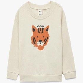 Resim Koton Erkek Bebek Pamuklu Uzun Kollu Bisiklet Yaka Kaplan Baskılı Sweatshirt Ekru 