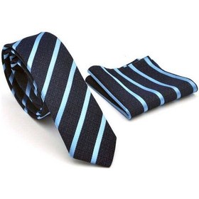 Resim Gaffy Mavi Verev Çizgili Lacivert Dokuma Kumaş Mendilli Slim Fit Kravat Lacivert - Mavi 