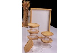 Resim Duo 400ML 6'lı Bambu Beyaz Mermer Desen Tepsili Bambu Vakumlu Kapaklı Cam Kahvaltılık 