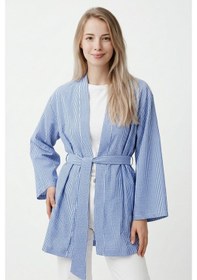 Resim Saade Sââde Kadın Dikey Çizgili Geniş Kollu Şık Yazlık Relaxed Kimono Mavi 