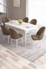 Resim Canisa Roz Serisi 80x132 Mdf Açılabilir Beyaz Mermer Masa Takımı 6 Kahverengi Sandalye 