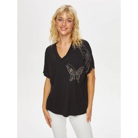 Resim Faik Sönmez Kelebek Desen Boncuk Nakışlı V Yaka Kadın T-shirt 69578 (U69578) 