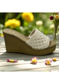 Resim 2503 10.5 Cm Dolgu Topuklu Kadın Terlik Ayakkabı Düğün Nişan Abiye Kadın Ayakkabısı Bej 